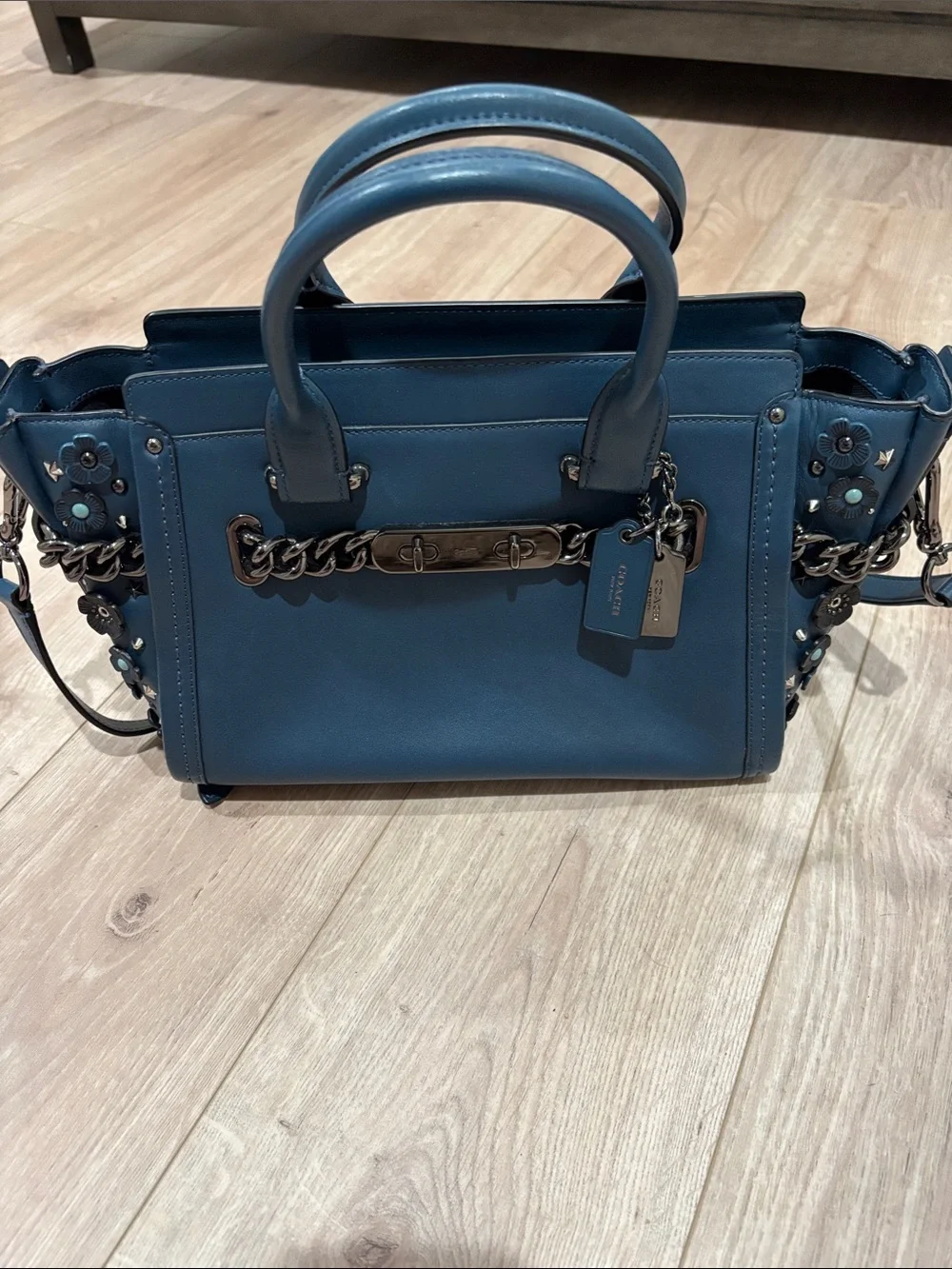 Coach Teal Blue Leather Satchel with Chain & Floral Appliqué